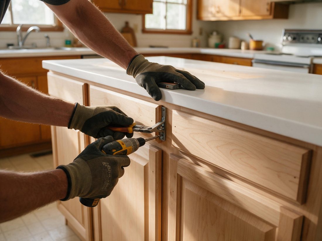 Gloved hands using a cordless drill on a wood base cabinet under a white countertop, in Cedar Rapids, IA