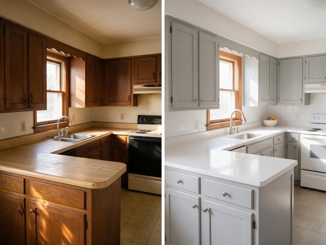 Side-by-side view of a kitchen with dark wood cabinets and the same kitchen redone with gray cabinets and white countertops, in Cedar Rapids, IA