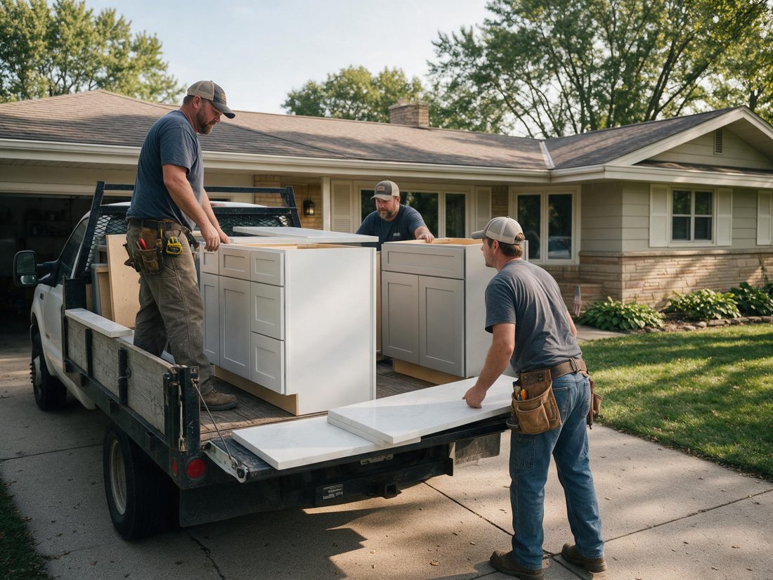 Three workers unloading white cabinets and a countertop slab from a pickup truck at a ranch house, in Cedar Rapids, IA