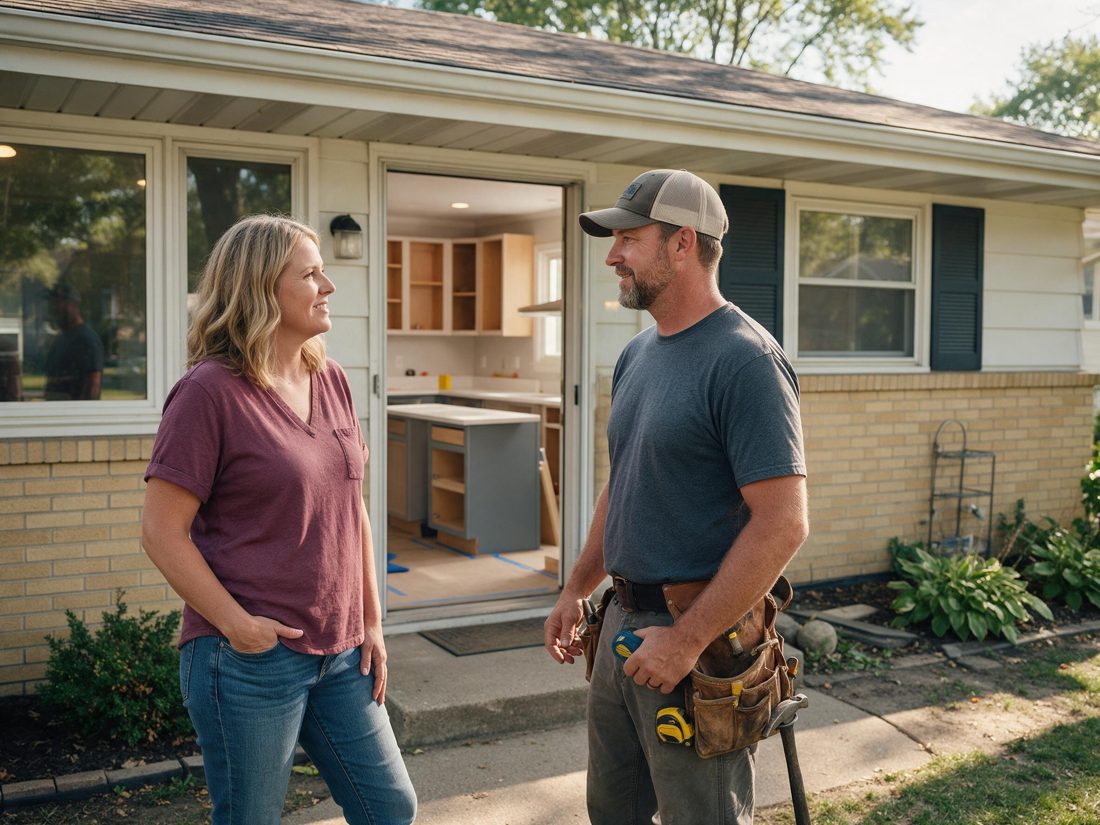A woman and a worker wearing a tool belt talking outside the front door of a brick ranch house, in Cedar Rapids, IA