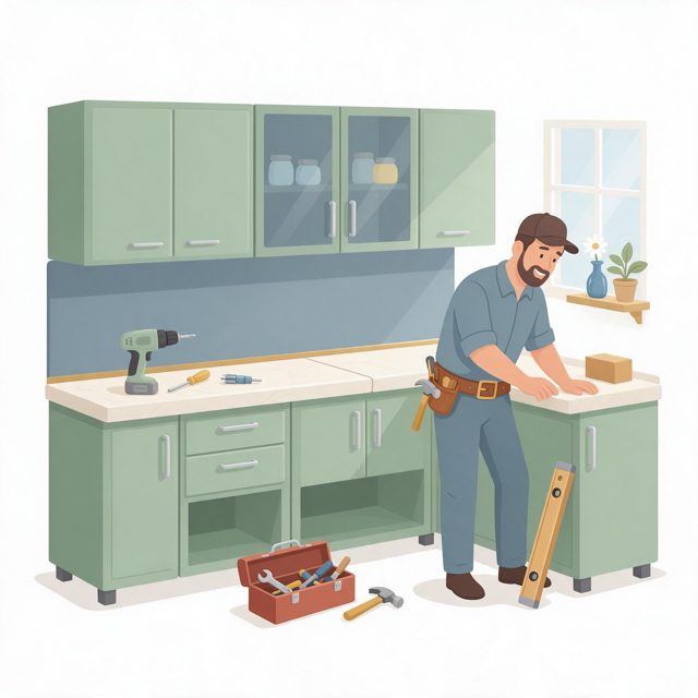 Illustration of a worker fitting a countertop on green kitchen cabinets, with a toolbox and a level on the floor, for a home in Cedar Rapids, IA