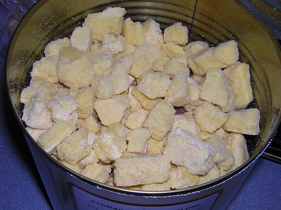 An open can of freeze-dried scrambled egg pieces, for storm prep in Cedar Rapids, IA