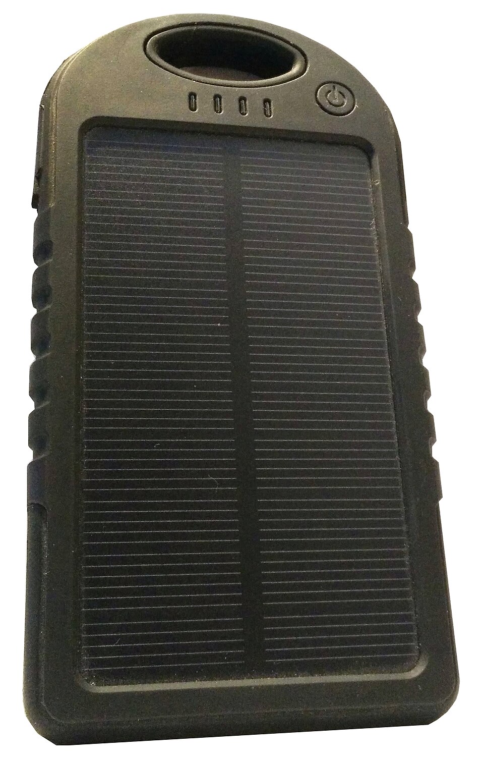 A dark green handheld power bank with a solar panel on its face, for storm prep in Cedar Rapids, IA